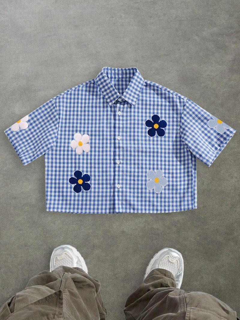 Men's Floral Embroidery Short Sleeve Shirt, Regular Fit Casual Street Retro Gingham Graphic Button Front Top for Summer, Men's Clothes for Daily Wear