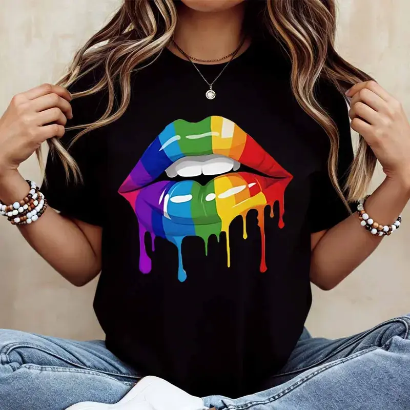 Men's Rainbow Lips Print Graphic T-Shirt, Casual Streetwear Shortsleeve Tee in 100% Cotton, Comfortable Loose Fit for Fitness, Top, Tshirt, Flat, Round Neck