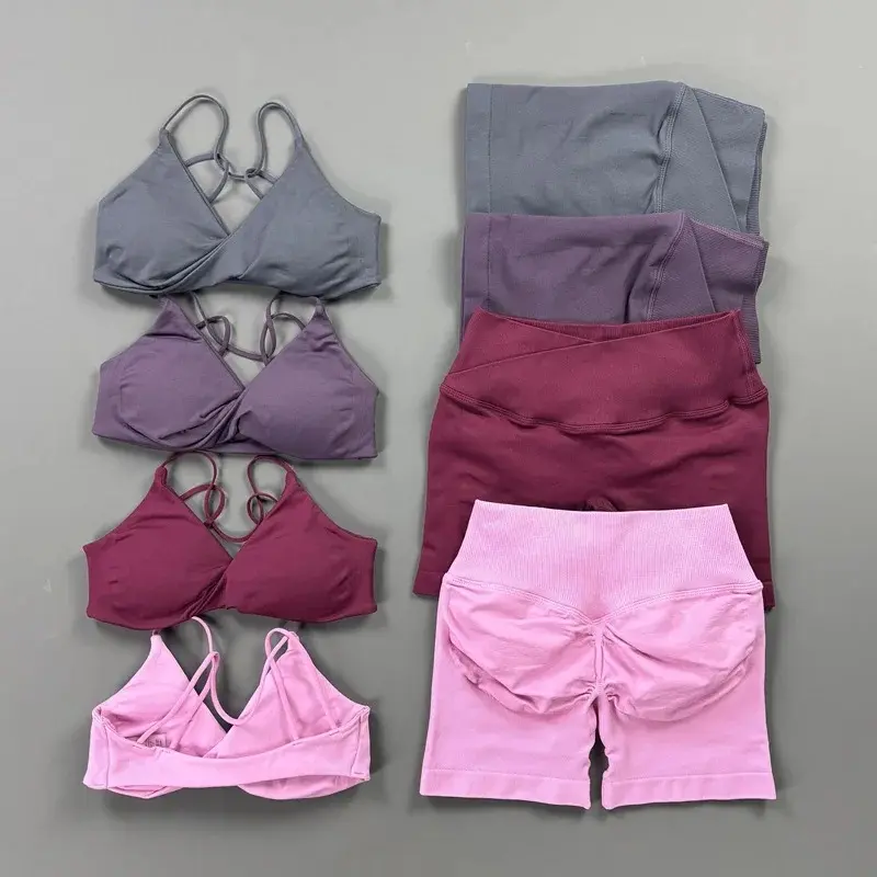 Crossover Waist Vision Shorts Set Seamless Scrunch Butt Yoga Short Pants and Vision Twist Front Bra Sets Gym Fitness,Sports,Leggings,Backless,Halter,Crop,stylish,activewear,,daily,outfit,,Insulated,Hunting,Camo,mfvim,woman,