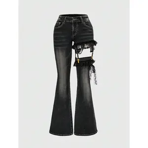 Y2K Harajuku Gyaru Y2K Lace Patchwork Low Waisted Cross Design Vintage Skinny Super Low Waist Women Jeans
