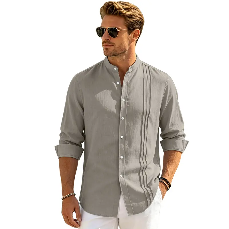 Men's Solid Color Heavyweight Stand Collar Open Front Shirt Jacket Relaxed Fit Long Sleeve Casual Outerwear Spring Fall
