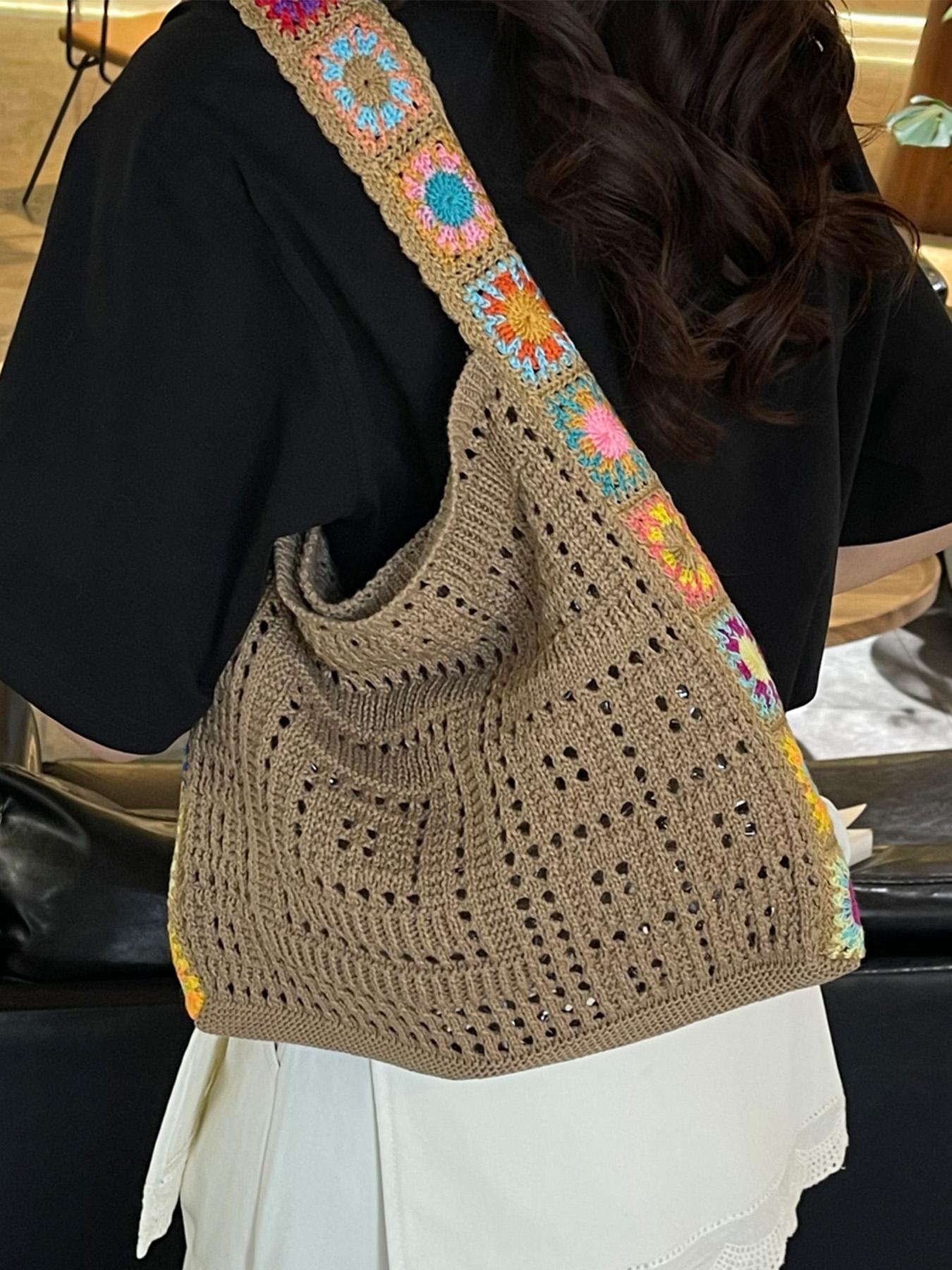 Women's Fashionable Floral Pattern Crochet Shoulder Bag, Boho Style Crossbody Tote Bag for Daily Used, Casual Trendy Versatile High-quality Daily Commuting Bag