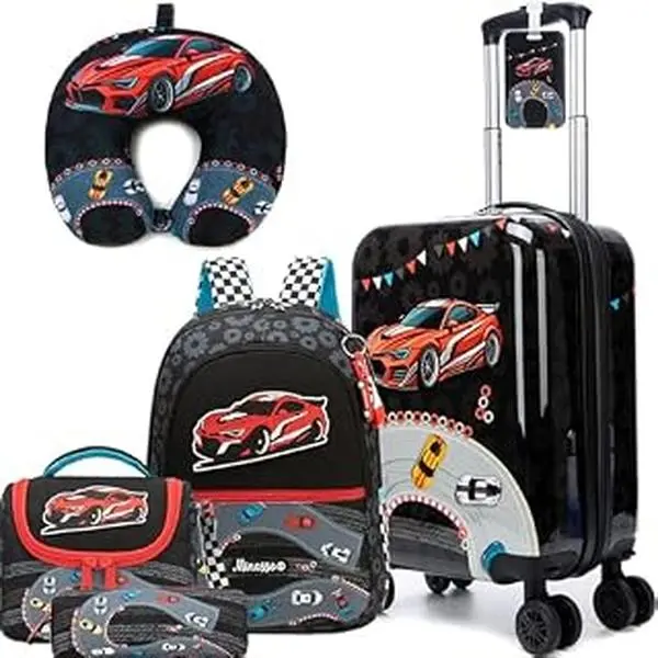 5 Piece Kids Hardside Spinner Luggage Set | Cool Red Race Car Carry On Suitcase with Backpack Lunch Bag Pencil Case & Neck Pillow for Boys | Travel Gear 2026