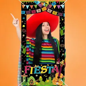 2D Flat Banner Door Cover, Mexican Theme Cactus and Guitar Cutout Frame, Traditional Mexican Elements, Birthday Celebration Photo Props