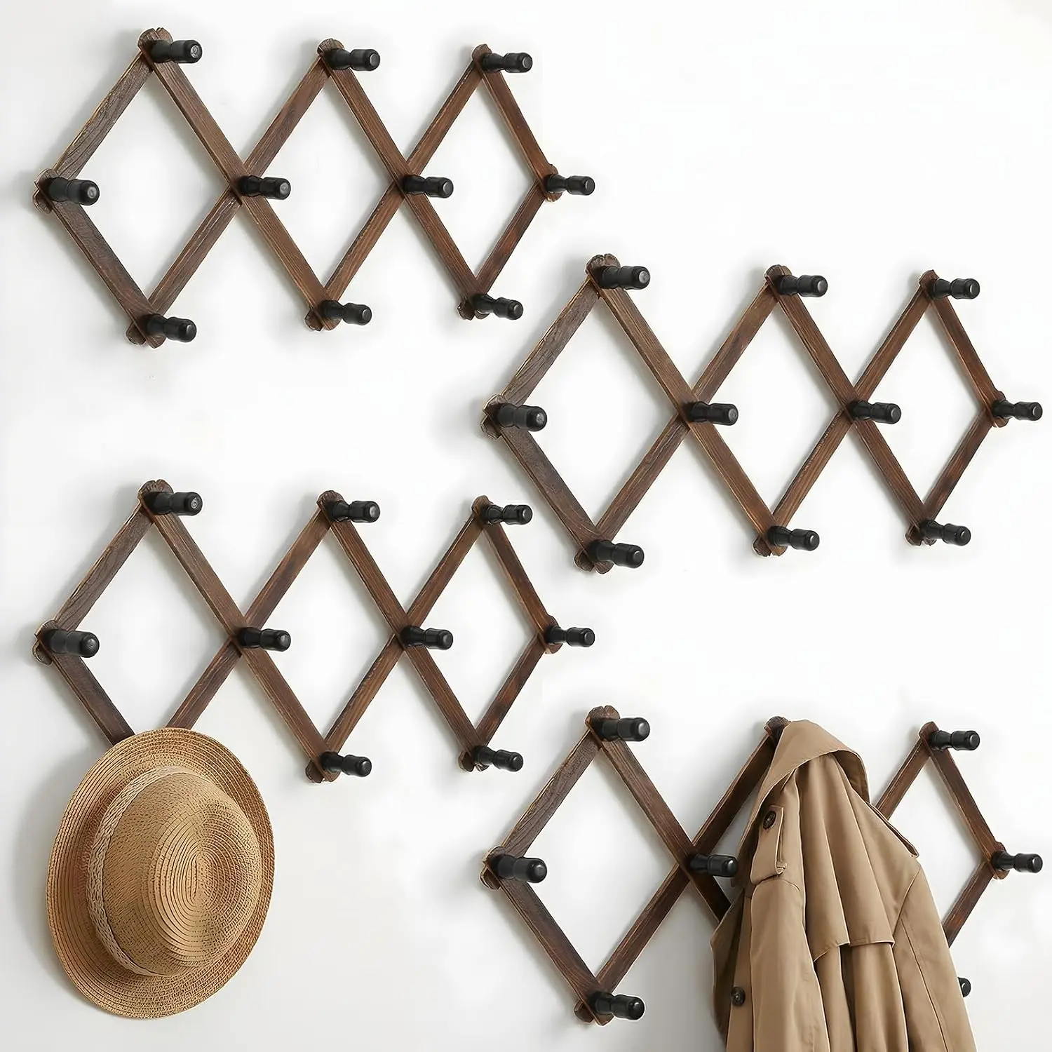4 Pcs Accordion Wall Hanger, Wooden Expandable Wall Mounted Hanger, Expandable Coat Rack, X Shape Coat Hooks for Hat, Coats, Coffee Mugs, Scarf, Including 40 Pegs with 8 Adhesive Hook (Brown)