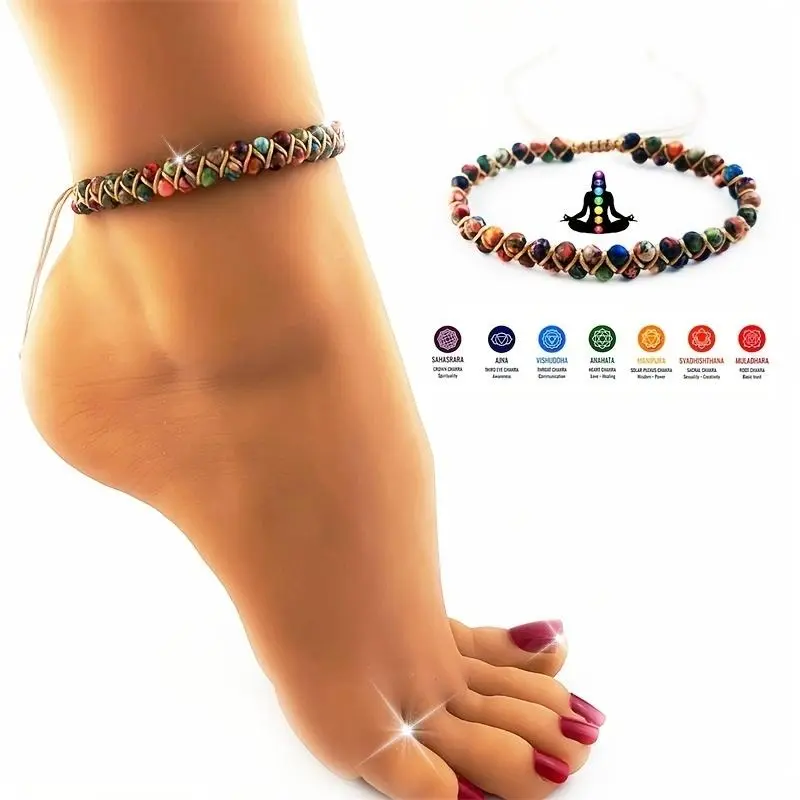 Female Non-Natural Crystal Beaded Anklet - Artisan-Crafted, Handmade Braided, Adjustable - Jewelry Accessories, Artisan Anklets, Ankle Bracelets & Bangles