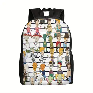 Beavis and Butt-Head Full Character Collage Striped Backpack Waterproof Oxford 2D Full Print Adjustable Padded Straps Classic 90s Cartoon Themed Daypack For Retro Animation Fans Carry Bag