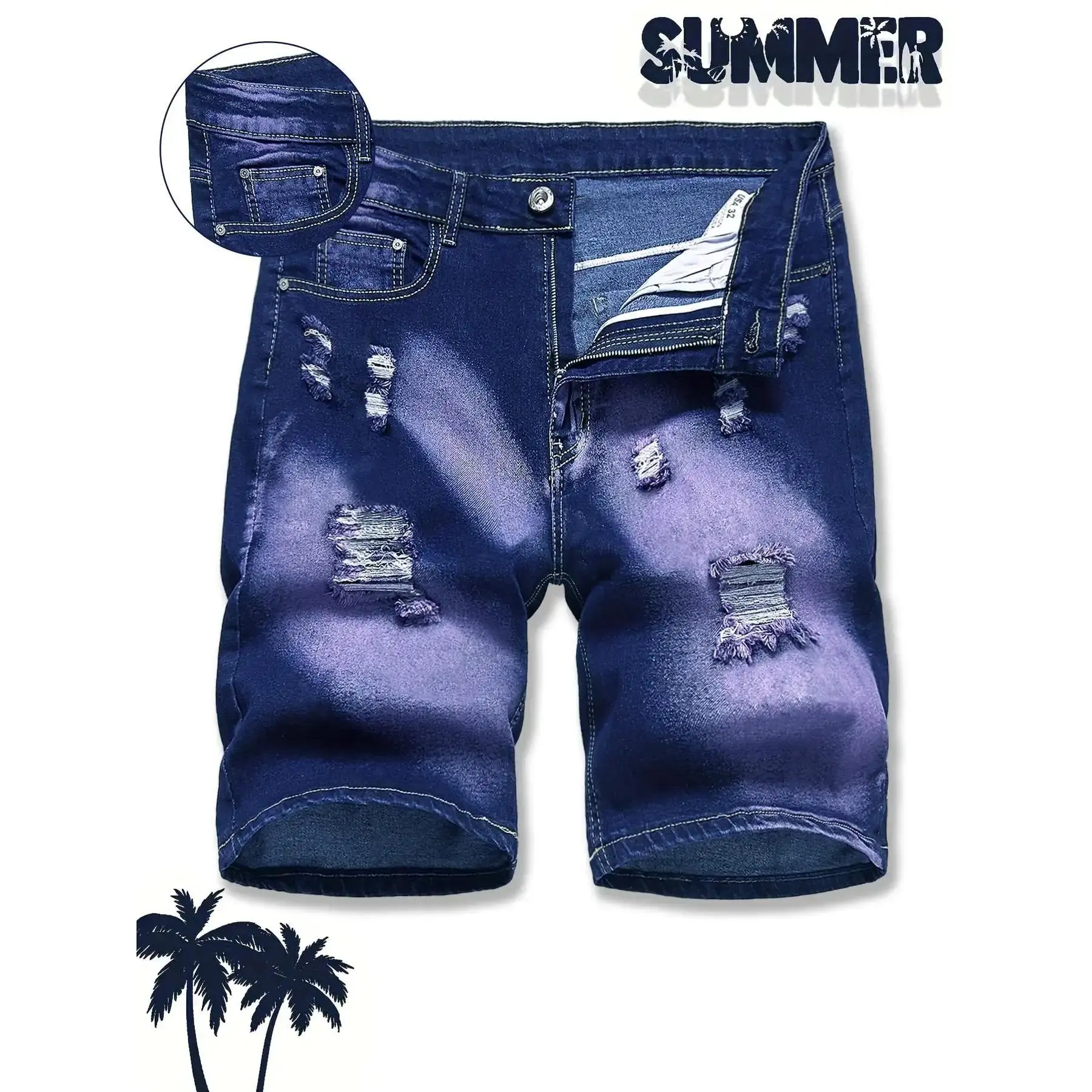 Men's Acid Washed Denim Shorts - Men's Shorts with Fitted Cut, Holes, Breathable Wash, Heavy Cotton Fabric, Knee Above Length, Durable Summer Style Slim Fit Bottoms