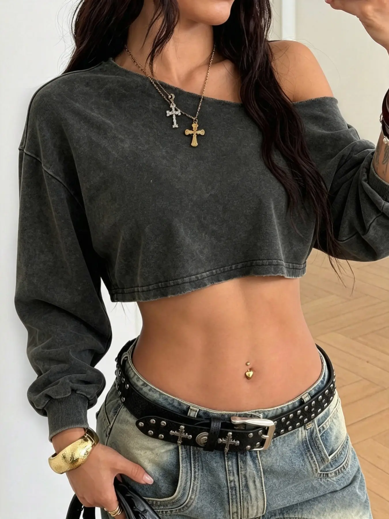 Vintage Washed Asymmetrical Women's Sporty Hoodie, Loose-Fit Long Sleeve Fall Winter Jumper, Casual Streetwear, Casual Sportswear for Daily Commute & Fitness