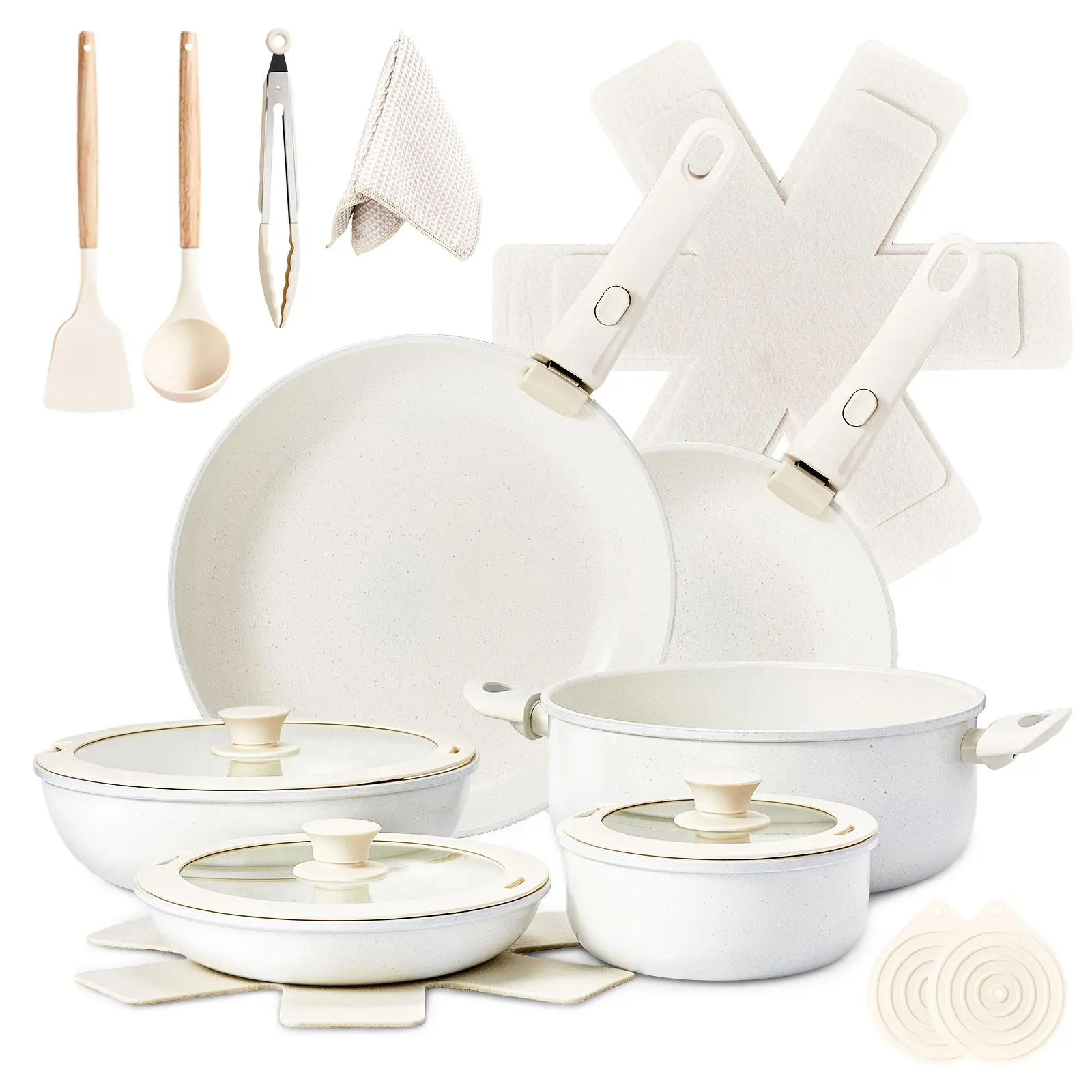 22-Piece Nonstick Aluminium Cookware Set - Nonstick Pots, Multi-Size, Detachable Handles, Lids, Nesting Stack, Compact Fit, Silicone Details, Easy Food Release, Oil-Efficiency, Plastic Accents, Stove-Safe, Everyday Use, Beginner-Friendly Home Kitchen Set
