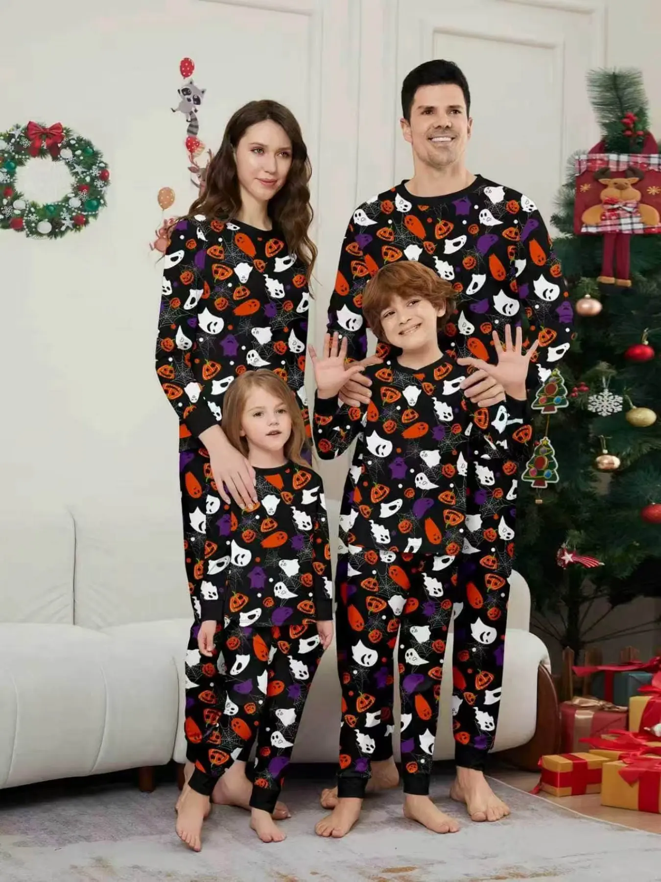Family Halloween Pajama Set, 2-Piece Pumpkin Print Sleepwear for Men Women Kids, Casual Loose-Fit All-Seasons Home