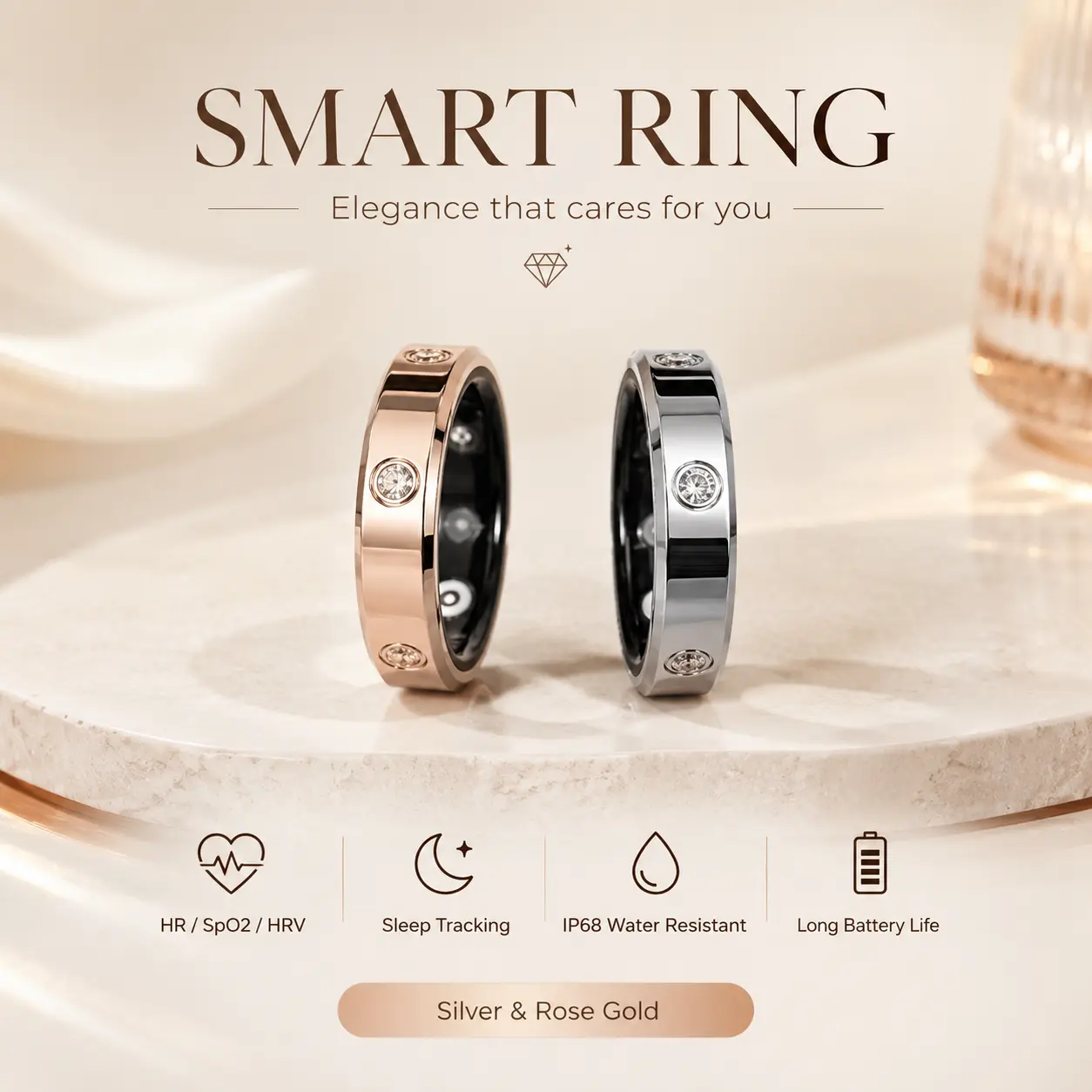 Smart Ring For Women–Fitness Tracker Ring, IP68 Waterproof Activity Tracker & Activity Monitor with Heart Rate, Sleep Analysis, SpO2, Body Temperature, HRV, Multi-Sport Mode, Colorful Enamel, iOS/Android