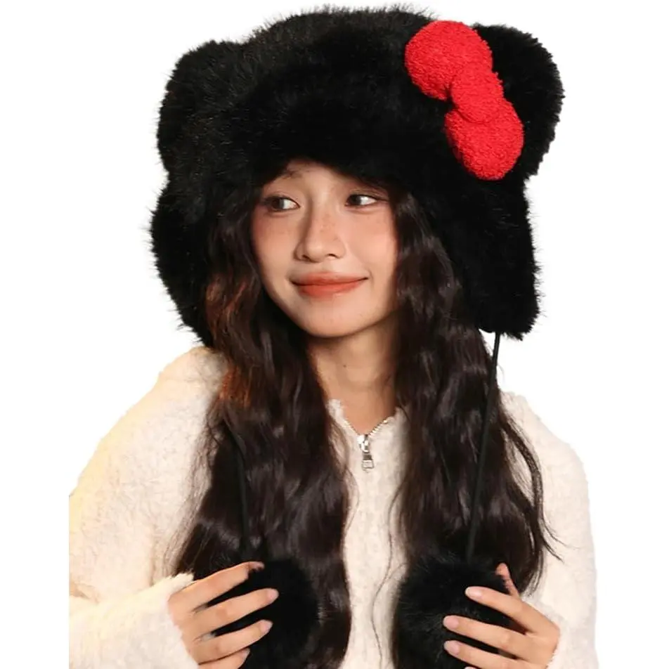 Winter Cute Faux  Trapper Hat for Women Cartoon  Ear Sherpa Beanie Hat Furry Cover with Pom Earflap Gifts