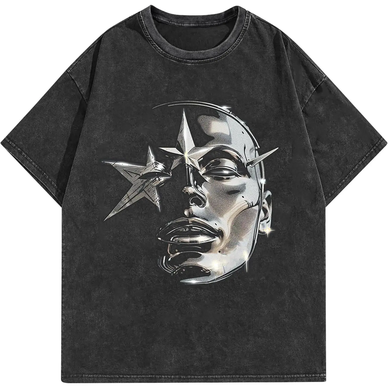 Vintage Wash Y2K Cyberpunk Chrome Face Graphic Tee Acid Wash Aesthetic Heavyweight Premium Cotton Tshirt Front Print Futuristic Star Metal Art T Shirt Women Short Sleeve Crewneck Top Best Gift Men Loose Casual Top Oversized Trendy