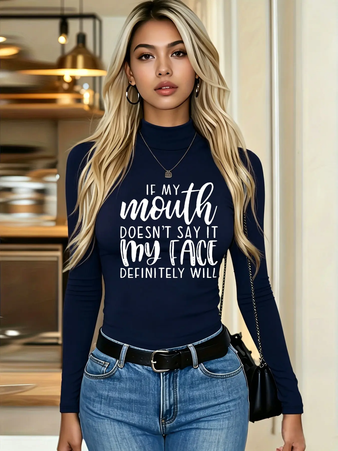 Fleece Lined Autumn Winter Solid Color Mock Neck Long Sleeve Base T-Shirt, soft and casual, great for daily wear & layering, printed with If my mouth doesn't say it my face definitely will, funny sarcastic casual slogan