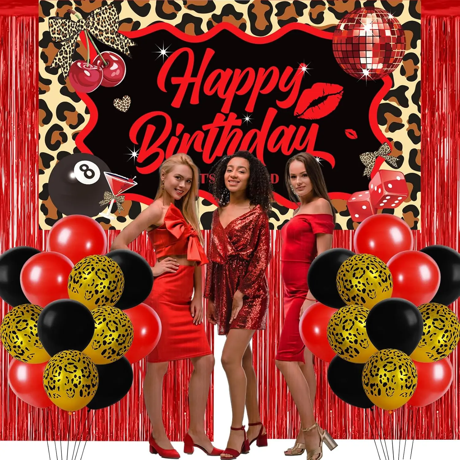 27 count Red  Print Birthday Party Decorations Balloons Banner Foil Fringe Backdrop Party Pack Y2K Leopard Cherry Print Themed Party Decor for Big Mama Women Girl Night