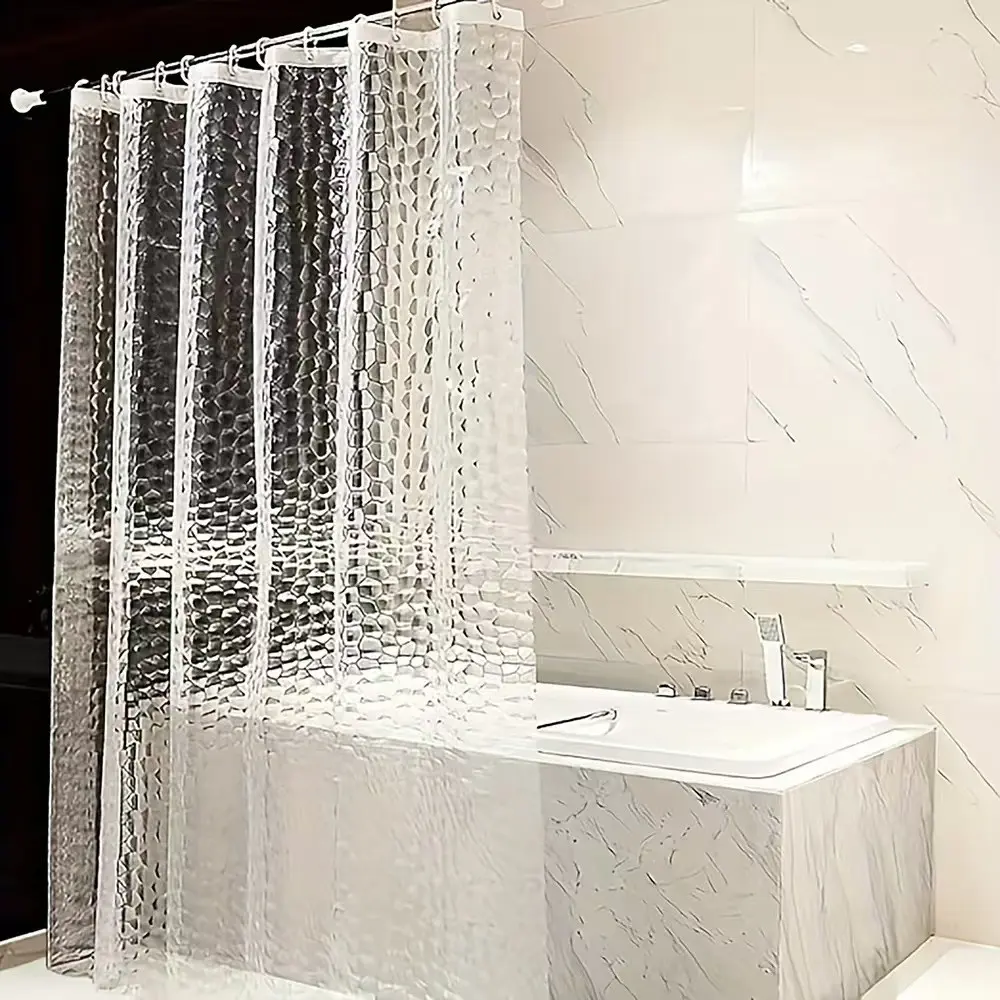 Water Cube Shower Curtain Liner With Magnets, 3D Eva Bath Mat, Waterproof Plastic Shower Curtain, 71x71 Inches, Metal Grommets, Magnetic Weights, Plastic Hooks