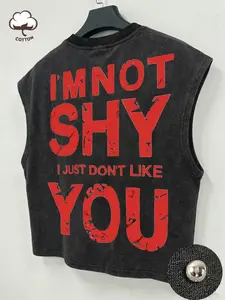 Men's Washed Black Sleeveless Tank Top, Crop Top With Red Letter Print "I'm Not Shy", Casual Streetwear Fashion For Summer Daily Wear, Menswear