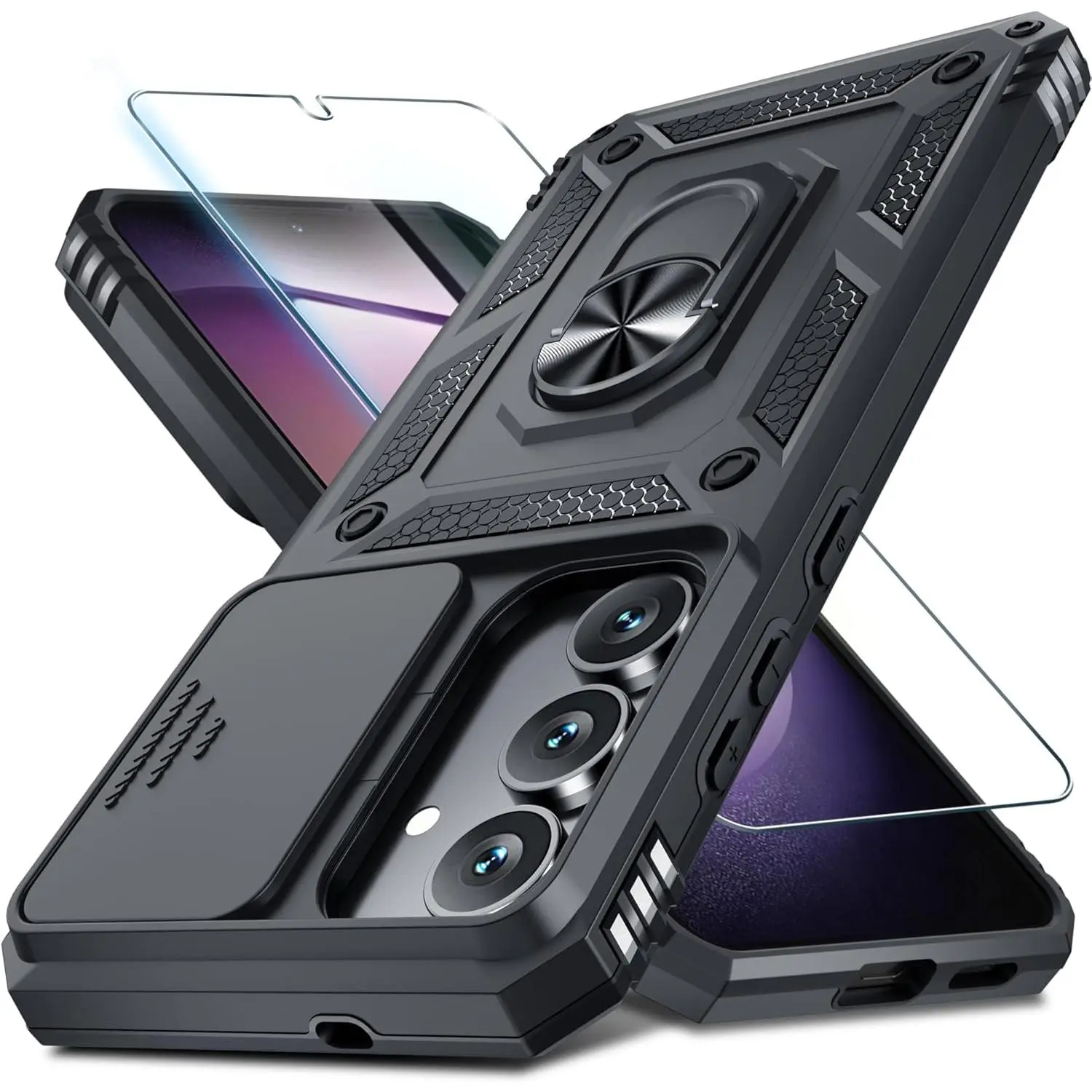 Compatible with Samsung Galaxy S25 FE Case Built in Slide Camera Lens Cover+Screen Protector+Finger Ring Holder Kickstand,Heavy Duty Shockproof Full Body Phone Cover,2025 Black