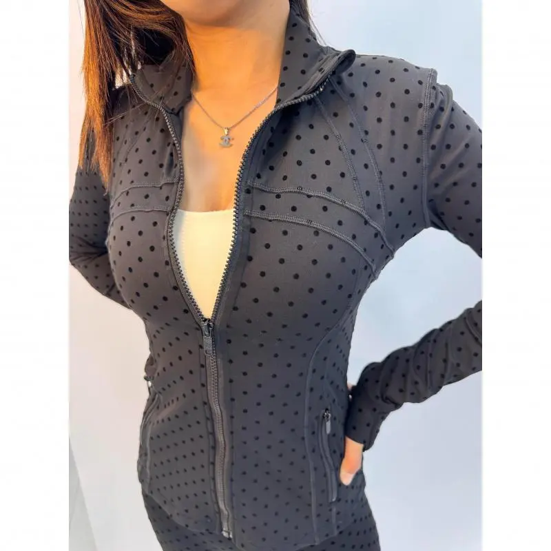 Women's 2026 4-Season Polka Dot Slim-Fit Mock Neck Quick-Dry Black Sports Outerwear with Embossed & Flocking Technology