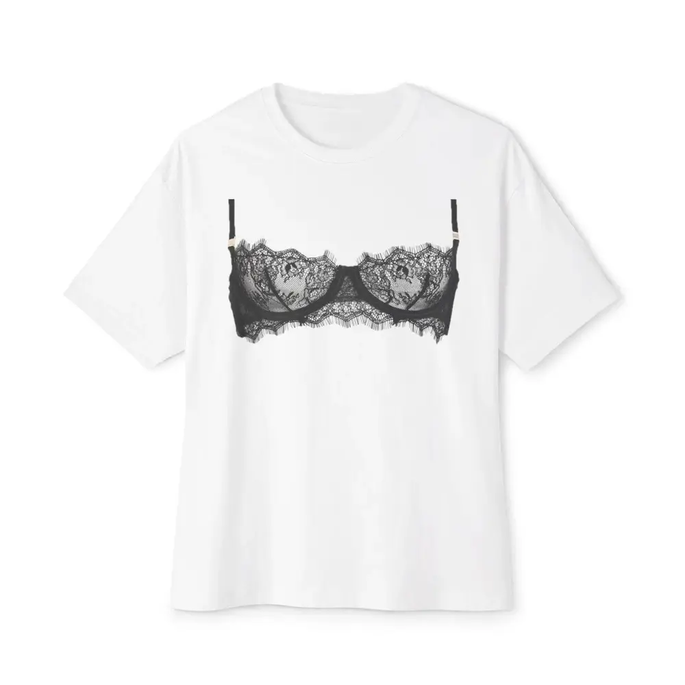 Lace Bralette Print Tee |   T-Shirts, Plus Size Y2K Coquette Aesthetic Graphic Tee, Women’s White Loose Fit Short Sleeve, Funny Sarcastic Lingerie Style Top
