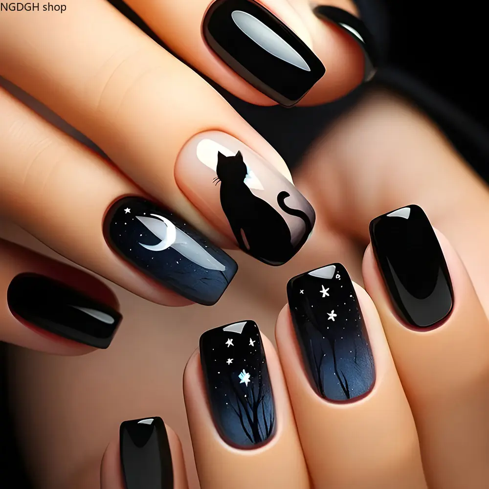 Cat Nails - Black Moon Star Press On Fake Nails, Night Sky Glitter Long Square Nail Art for Women Girls Party Daily