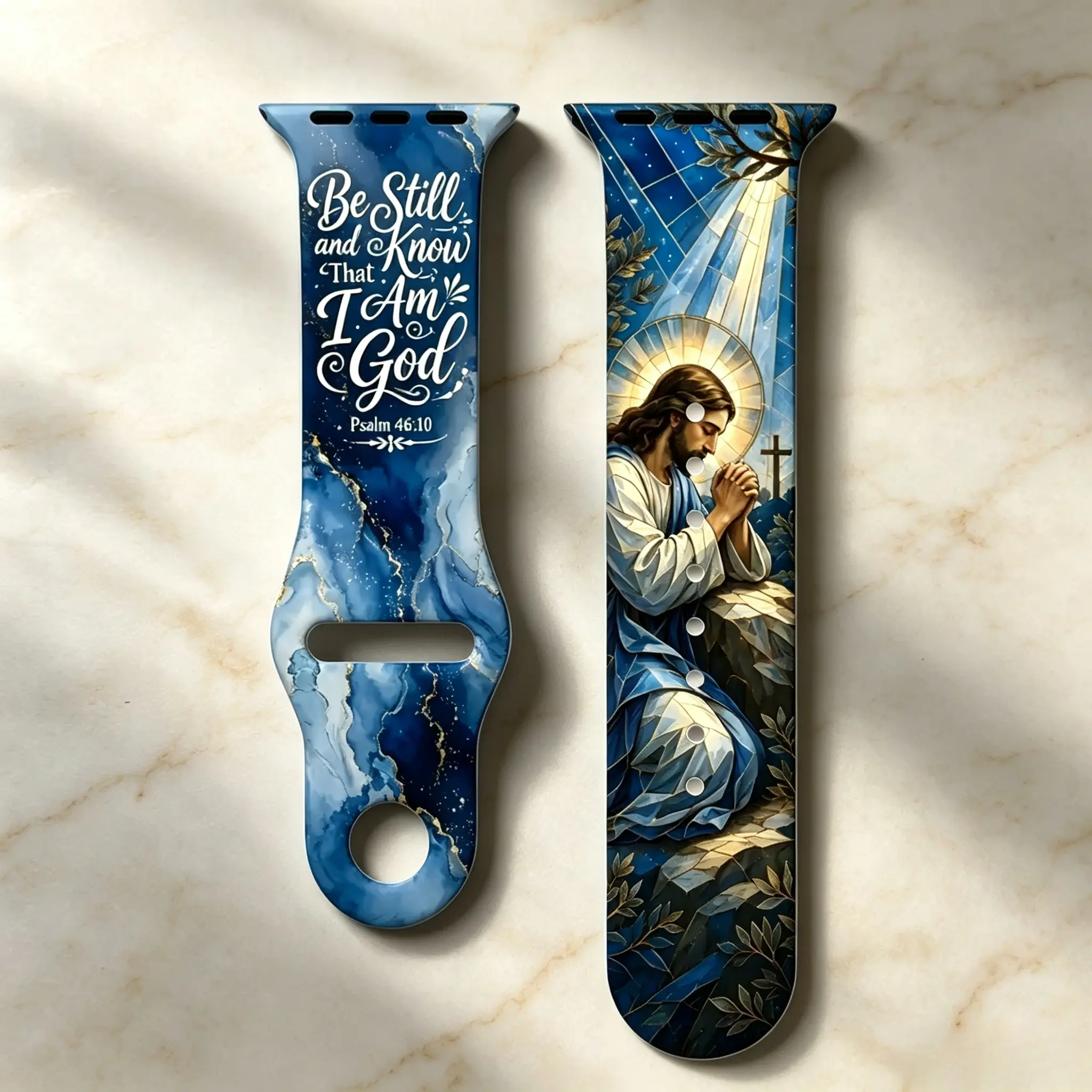 Double-Sided Printed Christian Faith Silicone Watch Band Compatible with Apple Watch, Stained Glass Praying Jesus & Psalm 46 Text, Blue Gold Marble Pattern Multi-Size Religious Sport Strap, Can Be Used as DIY Bag Accessory, Watch Band Only