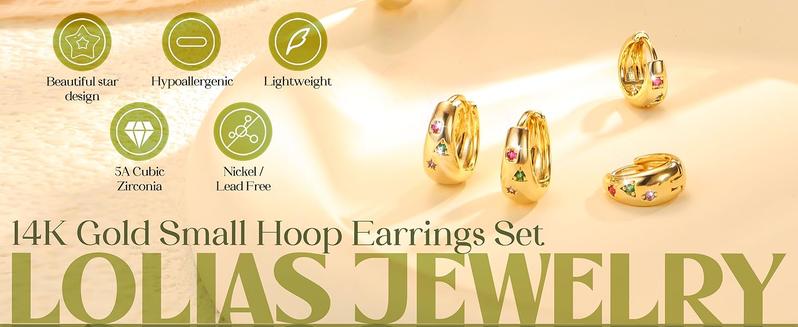 LOLIAS Gold Hoop Earrings Set for Women - 3Pairs Chunky Gold Silver Huggie Earrings Small 14K Gold Filled Earrings Lightweight Hypoallergenic MultiColored CZ Hoop Earrings Stacks for Multiple Piercing