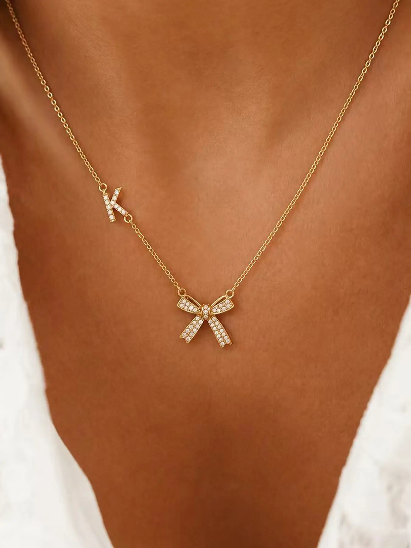 Elegant Zircon Butterfly Knot Initial Pendant Necklace, Versatile Stainless Steel Chain, Women's Fashion Jewelry