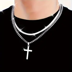 2pcs Men's Stainless Steel Titanium Snake Chain Flat Cross Set, Stackable with Accessories