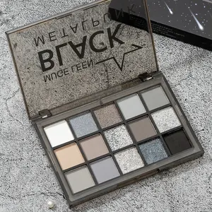 15-shade UCANBE dark smoky eye kit with cool silver & black tones. Matte contour + metallic shimmer, long-wearing formula for daily soft smoke and dramatic Halloween party makeup.