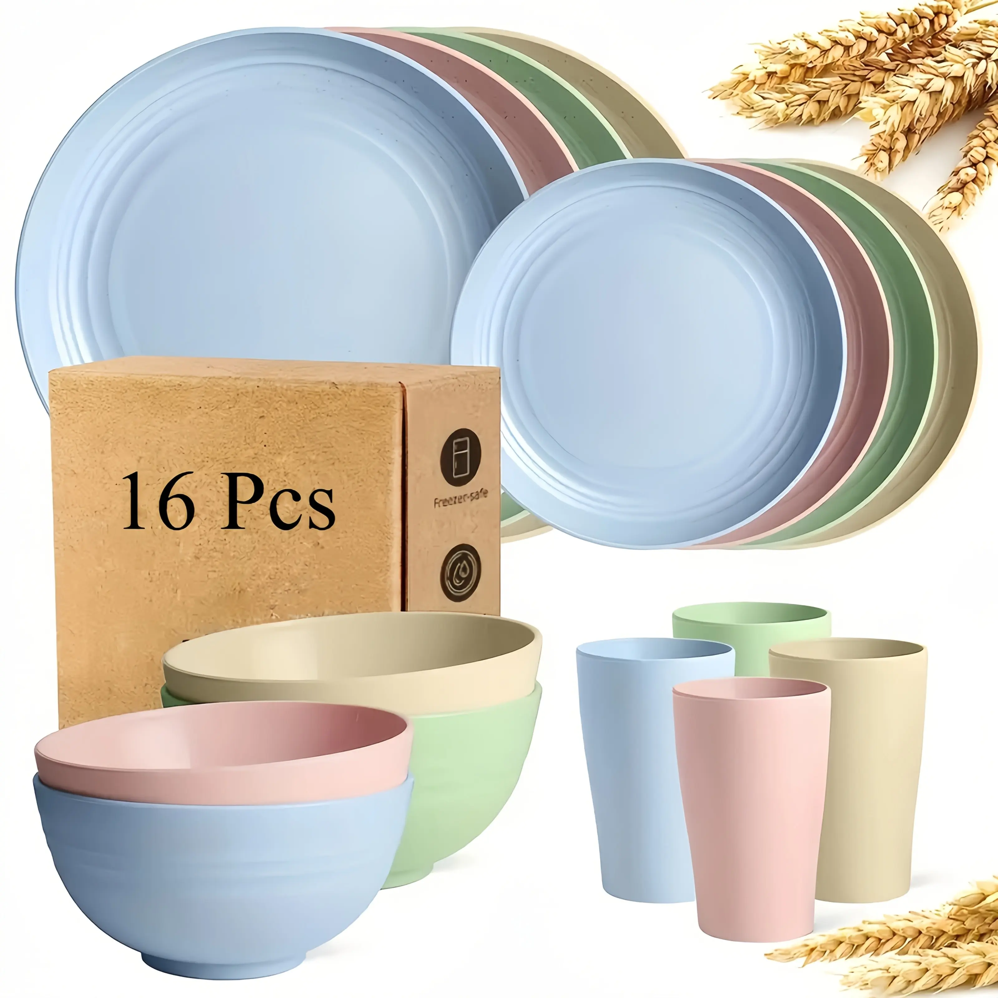32/16pcs Wheat Straw Dinnerware Sets, Plates and Bowls Sets for 8, Black Plastic Dinnerware Sets, Microwave Dishwasher Safe Plates, Dishes Set for 8 for Valentine's Day, Durable Party Tableware Kit for Gifts