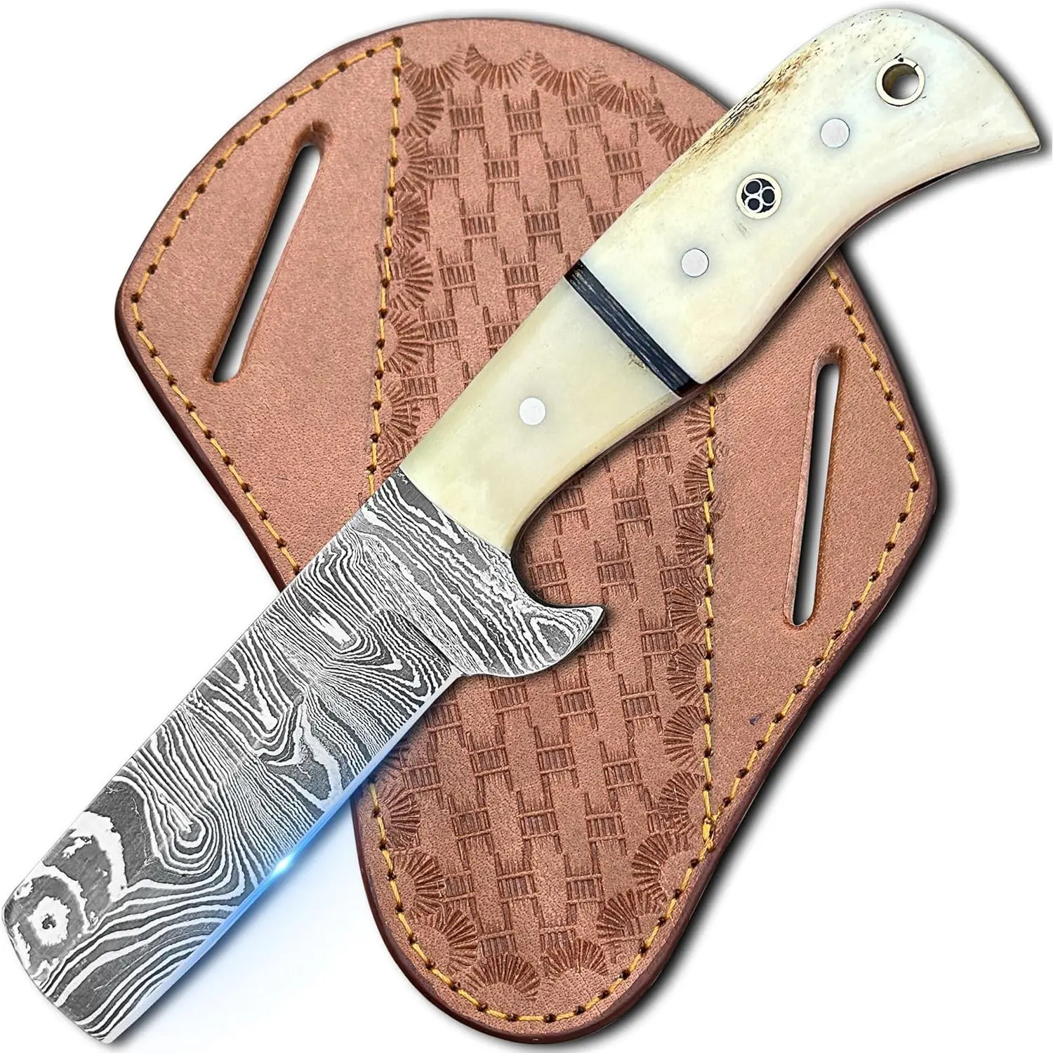 8" Handmade Sharp Damascus Cowboy Bull Cutter - Fixed Blade EDC Tool with Leather Sheath, for Hunting, Skinning, Outdoor Activities