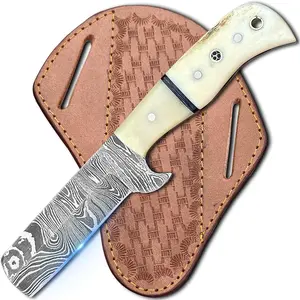 8" Handmade Sharp Damascus Cowboy Bull Cutter - Fixed Blade EDC Tool with Leather Sheath, for Hunting, Skinning, Outdoor Activities