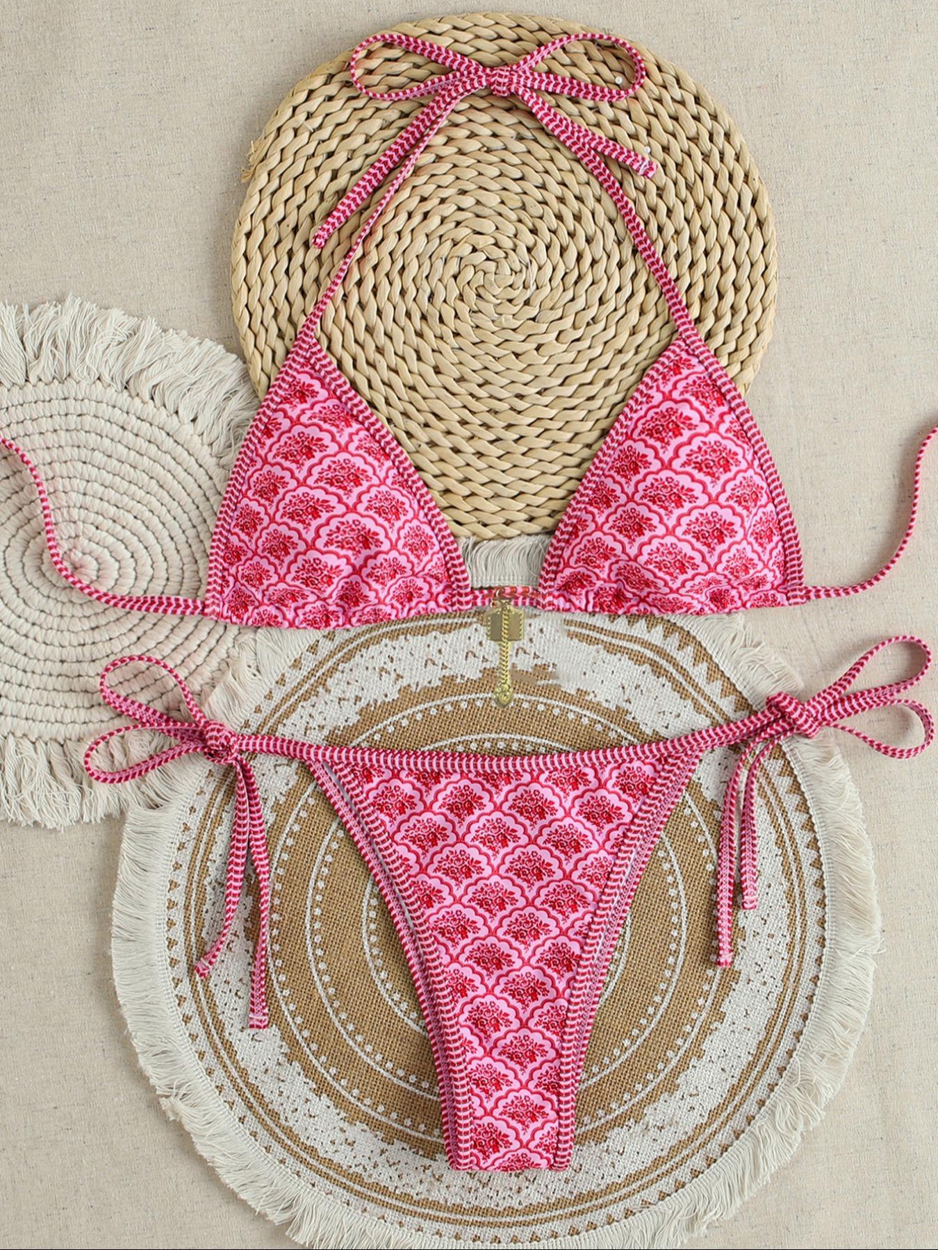 Two-Piece Set Women's All Over Floral Print Bikini Set, Casual Fashion Chic Swimsuit Set, Ladies Swimwear for Beach Holiday Vacation