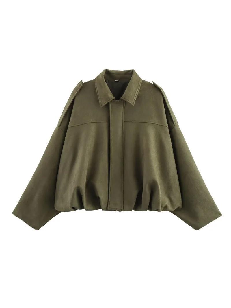 2026 Spring New Women's Suede Texture Effect Loose Fit Fashion Lapel Shoulder Bomber Jacket in Olive Brown & Burgundy
