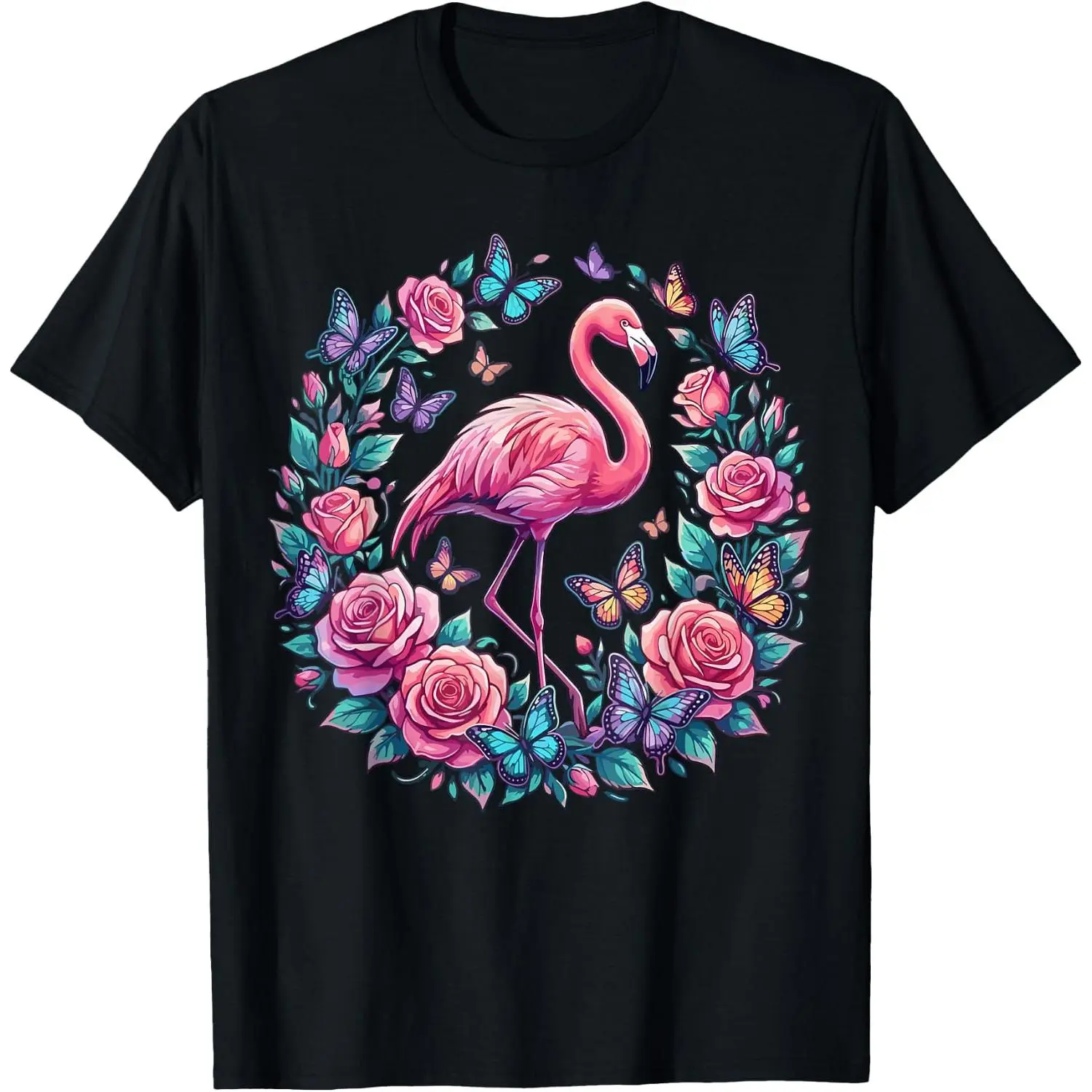 Flamingo with Pink Roses Floral T-Shirt Cotton Graphic Crew Neck Soft Top Short Sleeve Casual Unsex Shirt Breathable for Men Women