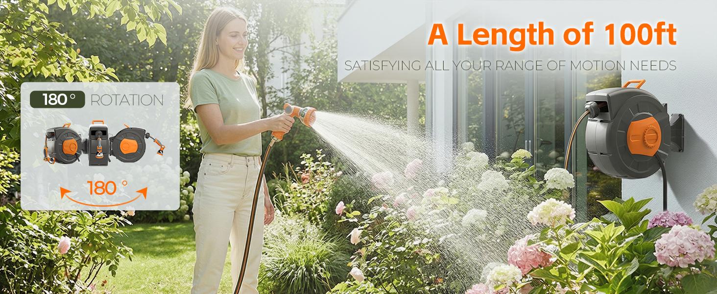 Retractable Garden Hose Reel 100 FT, 1/2" Heavy Duty Garden Hose 435 PSI Burst Pressure, Wall Mounted Water Hose Reel with 10-Pattern Nozzle, 180 °   Swivel, Slow Auto Rewind & Any Length Lock