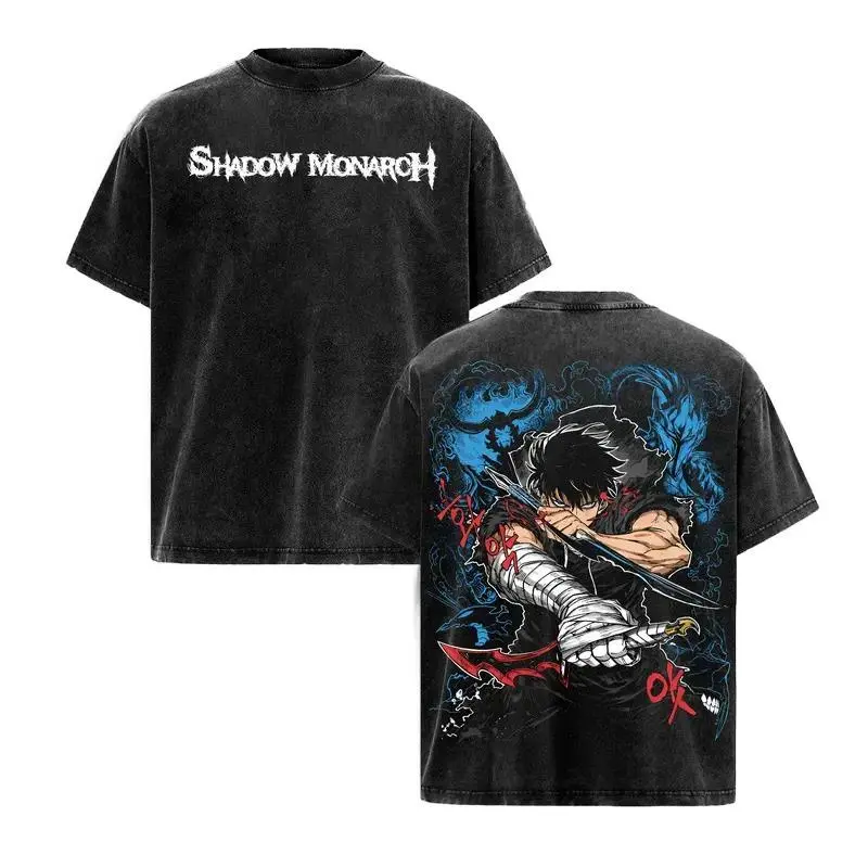 Solo Leveling Vintage Washed Black Tee Dual Side Rough White SHADOW MONARCH Gothic Font Chest Print Cool Blue Shadow Beast Frame Sung Jin-Woo Dual Blade Korean Text Back Manhwa Street Top