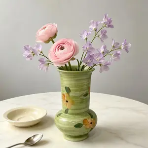 Vintage Hand-Painted Flower Ceramic Vase, Rustic Style Desktop Dried Fresh Water Culture Vase, Handmade Coarse Pot Decorative Piece