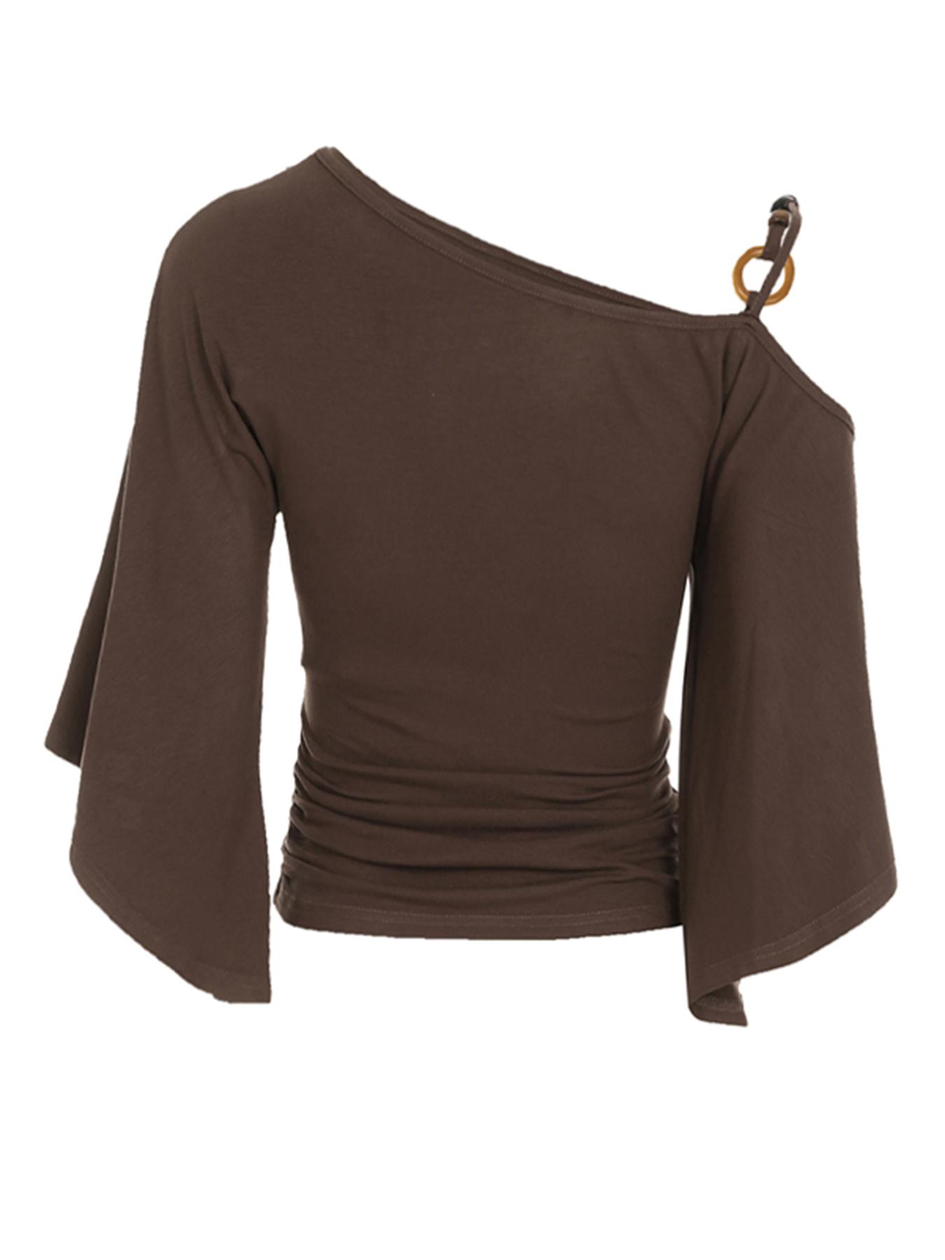 Women's Retro Ethnic Style Beaded Asymmetrical Shoulder Flounce Sleeve Flared Top, Slim-Fit Spring & Fall Fashion, Moderate Fabric