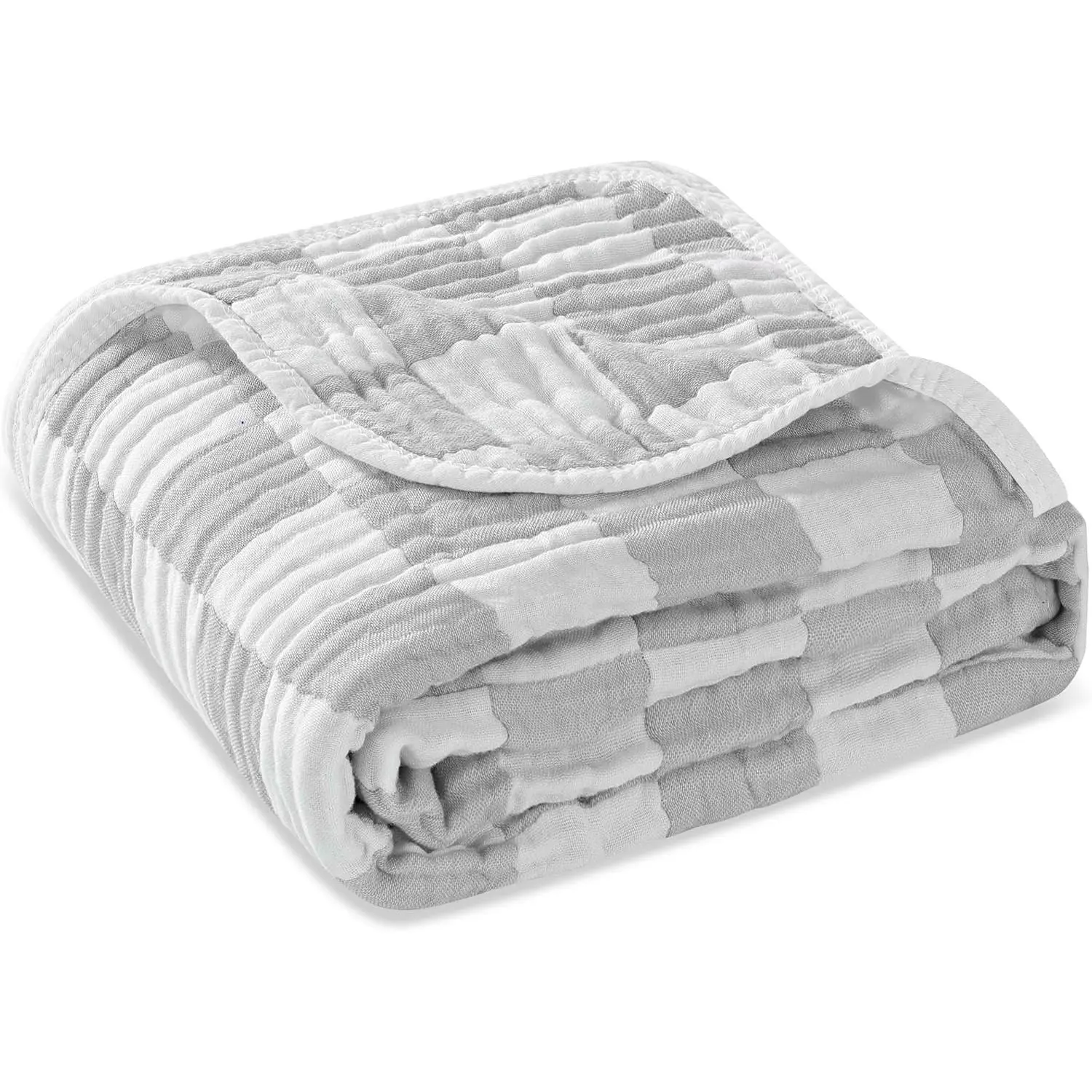GOTS Certified Organic Cotton 6-Layered Muslin Weave Blanket - Bamboo Viscose, Breathable, Classic Neutral Grey Checkered 43x43" Swaddle & Crib Blanket