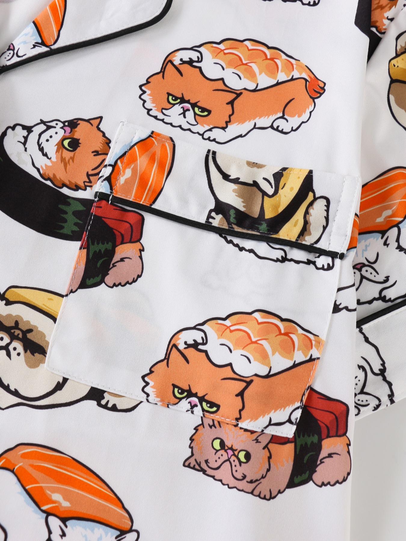 Women's All Over Cartoon Cat Print Short Sleeve Pajama Two-Piece Set, Regular Fit Casual Comfy Shortsleeve Button Front Chest Pocket Design Lapel Neck Top & Elastic Waist Shorts PJ Set, Ladies Sleepwear for All Seasons