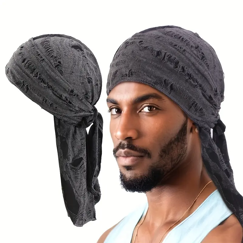 Men's Vintage Style Pirate Hat, Ripped Black Ribbon Tie-On Head Wrap for Rappers and Music Festivals, Adjustable Tie-On Hats, Wrap Turban, Pirate Look, Bandana Hats, Casual Wear
