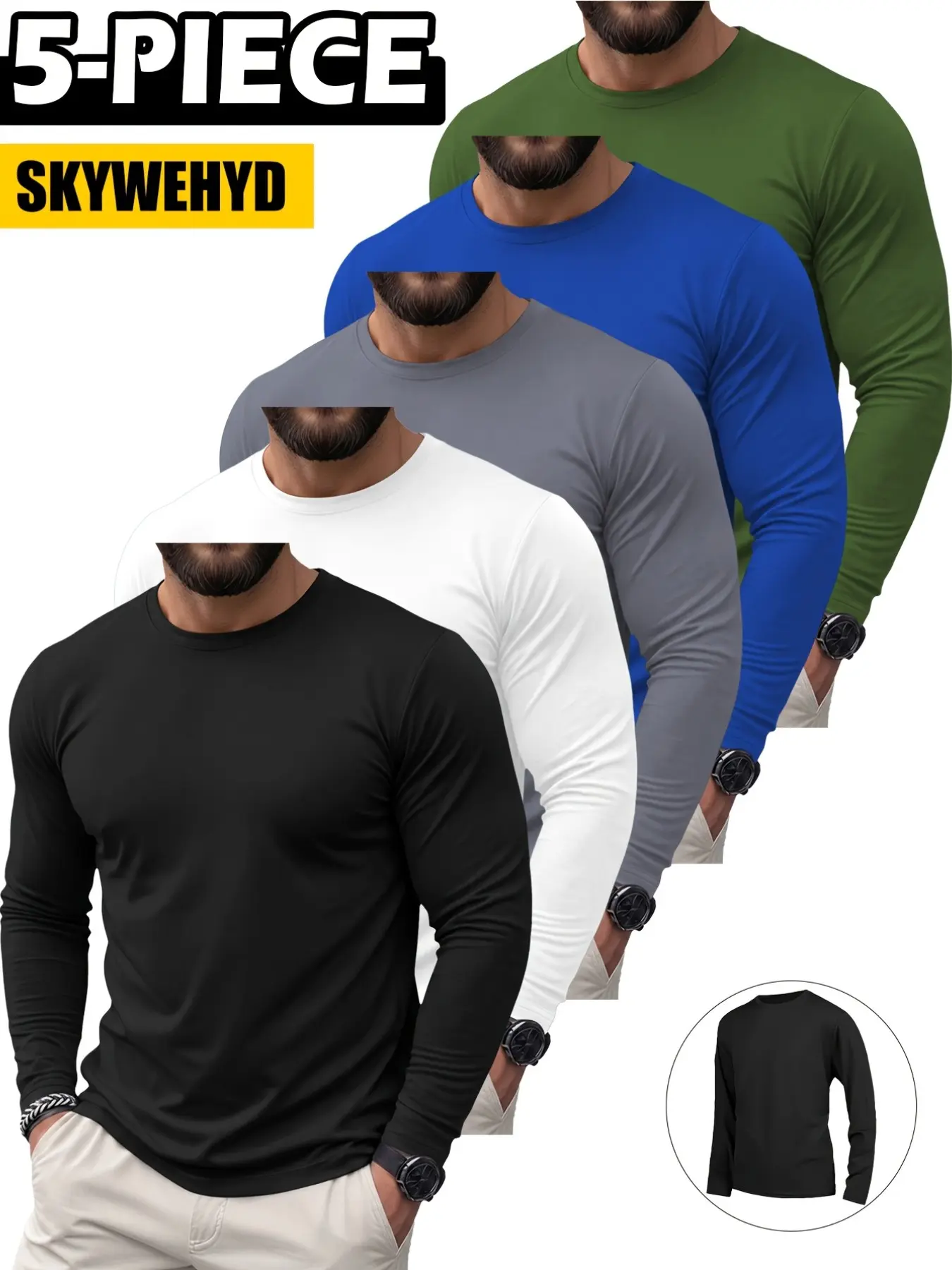Men's 5-Piece Long Sleeve Pajamas Set, Breathable Mesh Fabric, Loose Fit, Soft Lightweight, Ideal for Daily Relaxation, Home Rest, Sleep