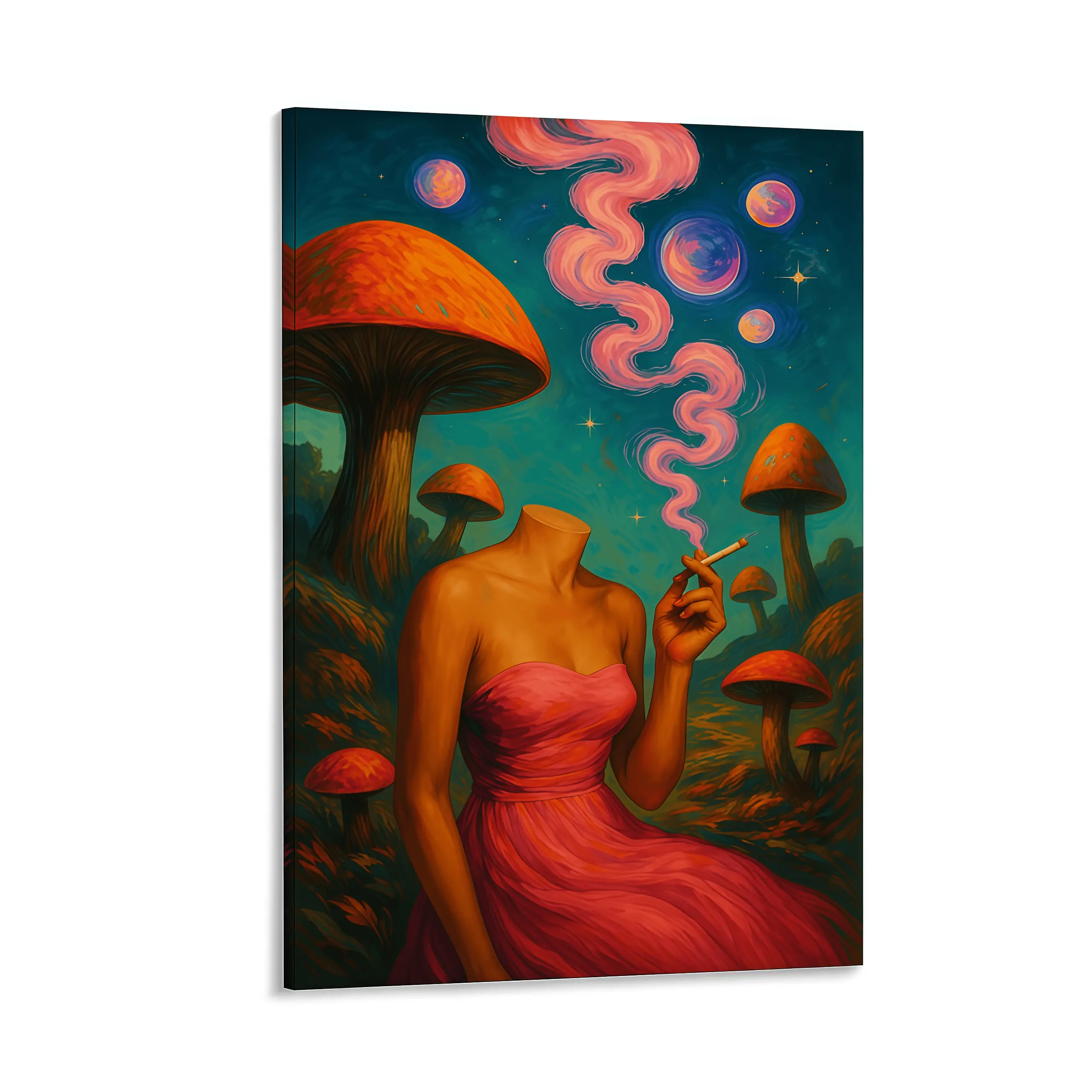 1 Piece Unframed Canvas Poster - Vintage Surreal Mushroom and Smoking Art Print, Vivid Colors, High-Quality Ink on Canvas, Vertical Wall Decoration, Suitable for Bedroom, Living Room, Kitchen, Hallway - Modern Home Decor Gift,