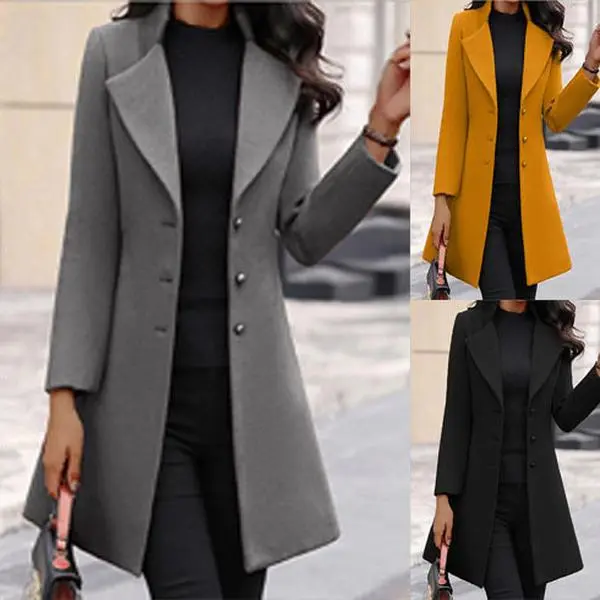 Women's Elegant Long Coat Notch Lapel Single Breasted Wool Blend Pea Coat Fall Winter Warm Outerwear Office Work Outfit Old Money Aesthetic Chic Everyday Trendy Clothes Tops