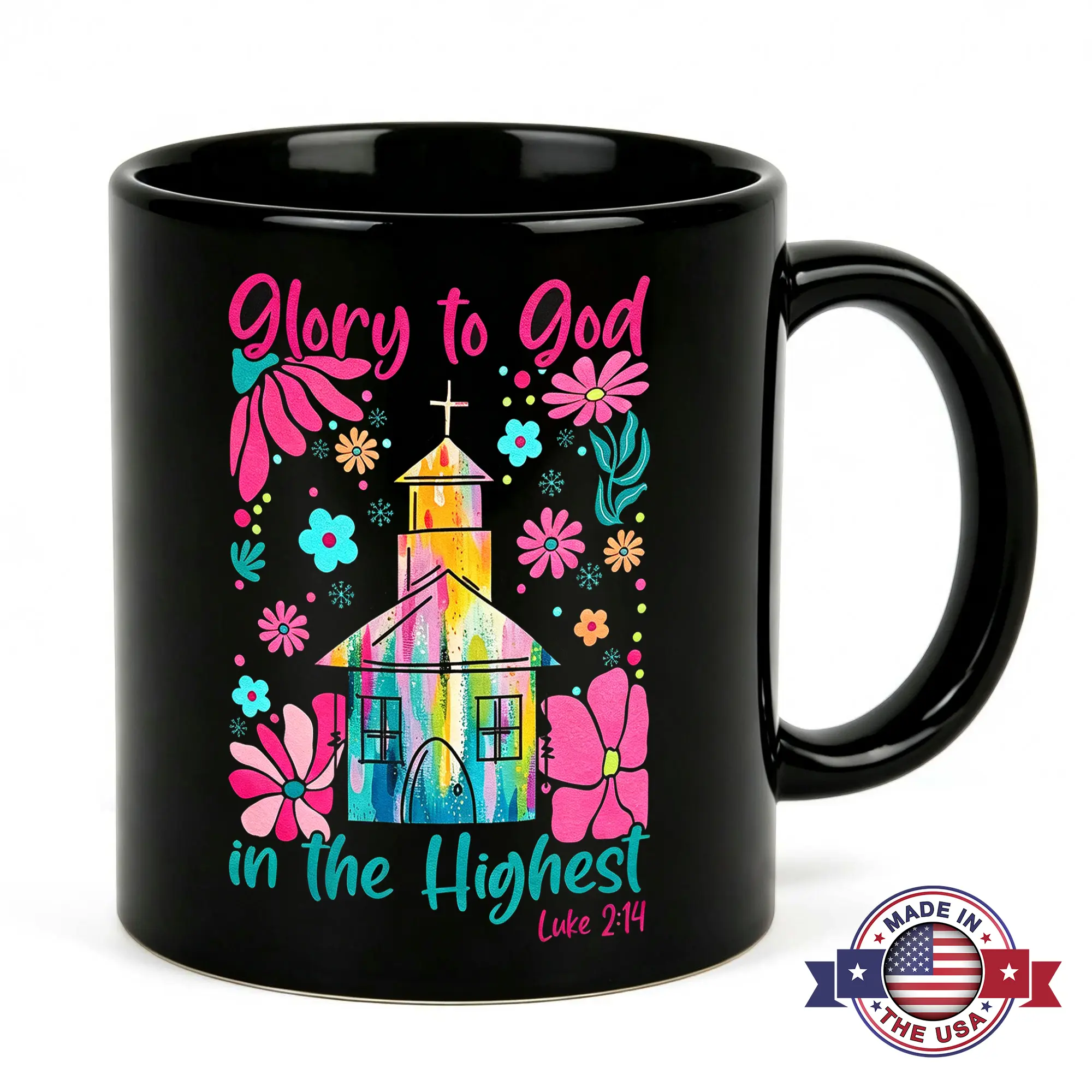 Christian Coffee Mug 11oz Black Ceramic Glory To God In The Highest Luke 2:14 Bible Verse Cup Colorful Church Floral Art Novelty Gift for Women Mom Pastor Faith Religious Meaningful Easter Mother's Day Desk Decor Present