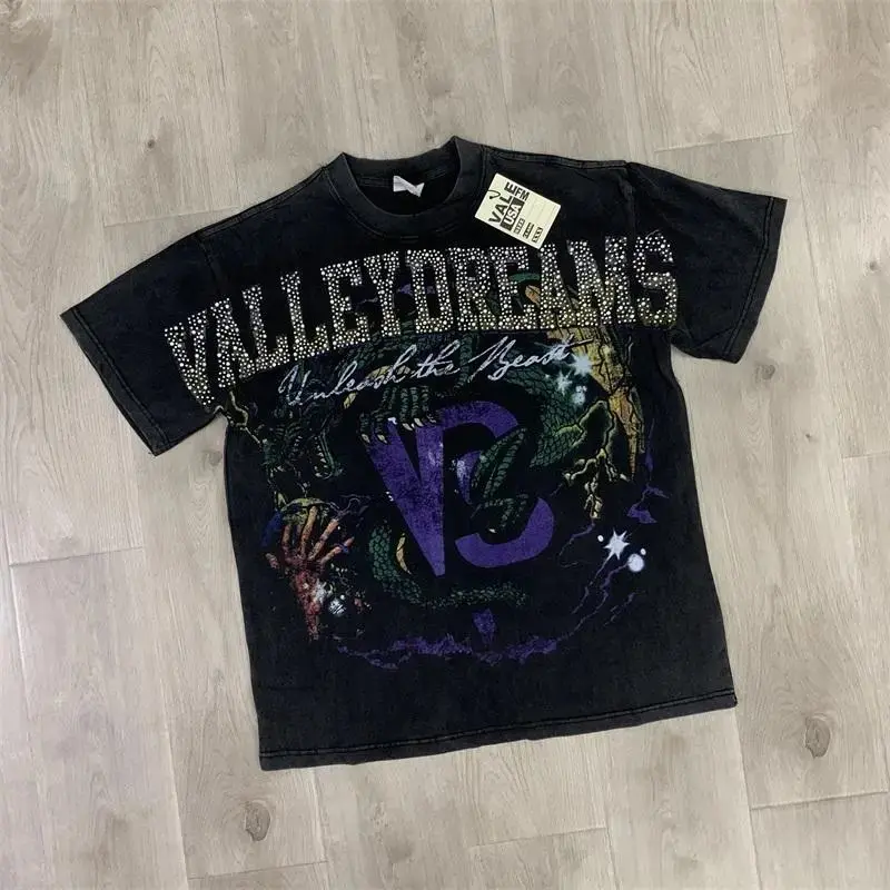 American Streetwear  Mens Tshirts Black Washed Pure Cotton Oversized Vale Hot Drill Letters T-Shirts