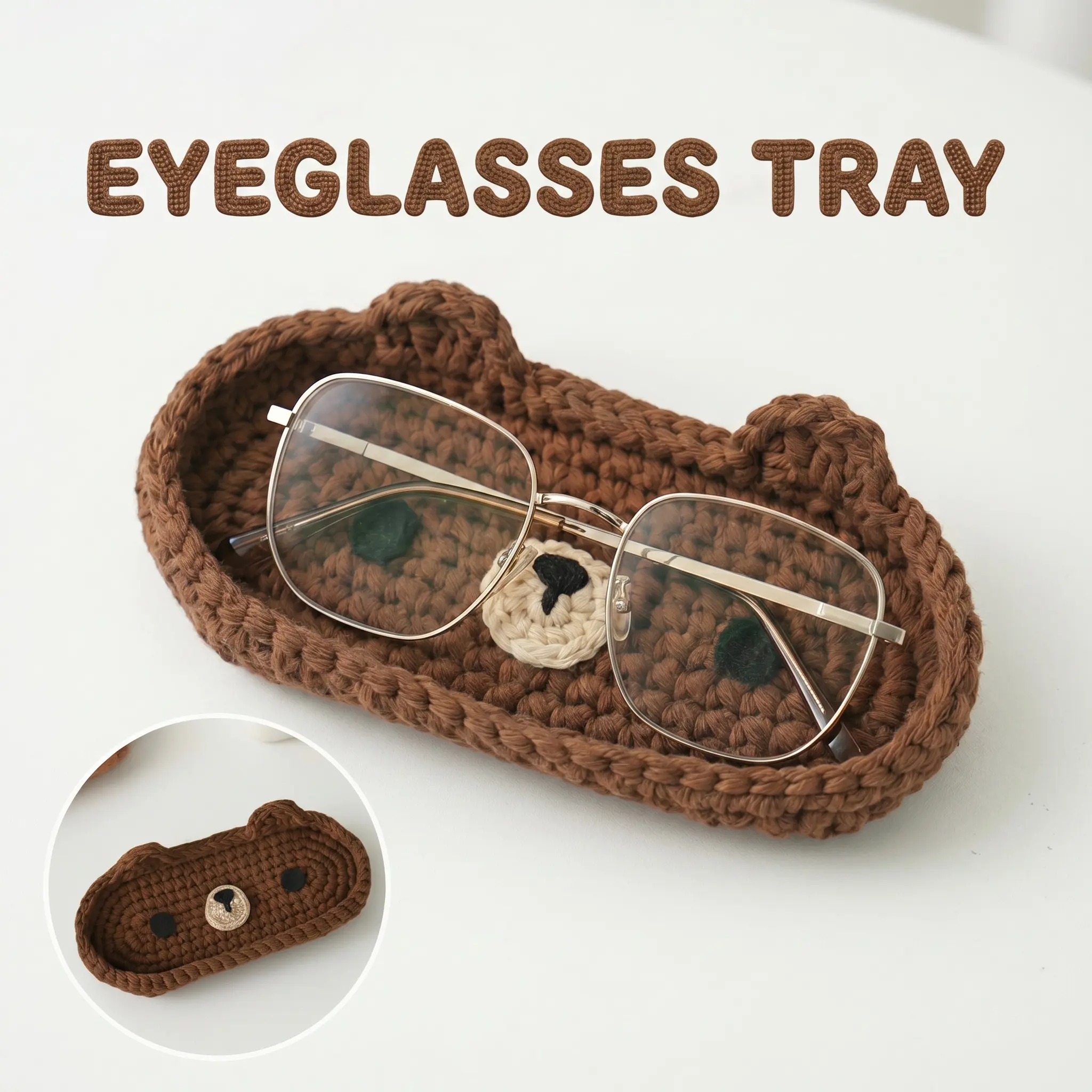 Crochet Bear Eyeglasses Tray, Cute Bear Shaped Glasses Holder, Portable Eyewear Storage Organizer, Nightstand Desk Decor, Back To School Gift For Her-YY0